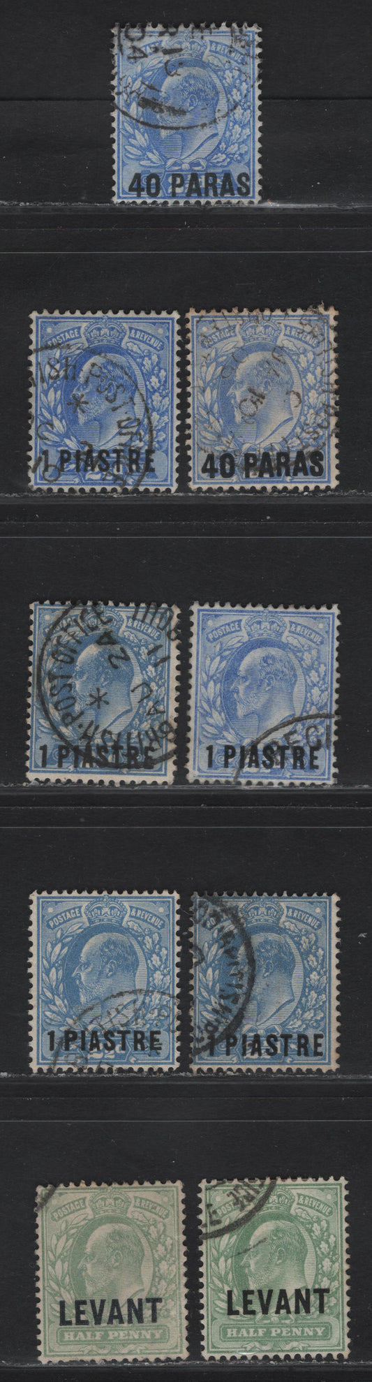 British Levant SG#8, 8a, 13, 25-26, 28, L1-L1a 40pa on 2.5d - 1/2d Ultramarine - Pale Yellowish Green, 1905-1912 King Edward VII Issue, 6 Fine/Very Fine Used Singles, DLR & Harrison Printings, Various Perfs & Overprint Types