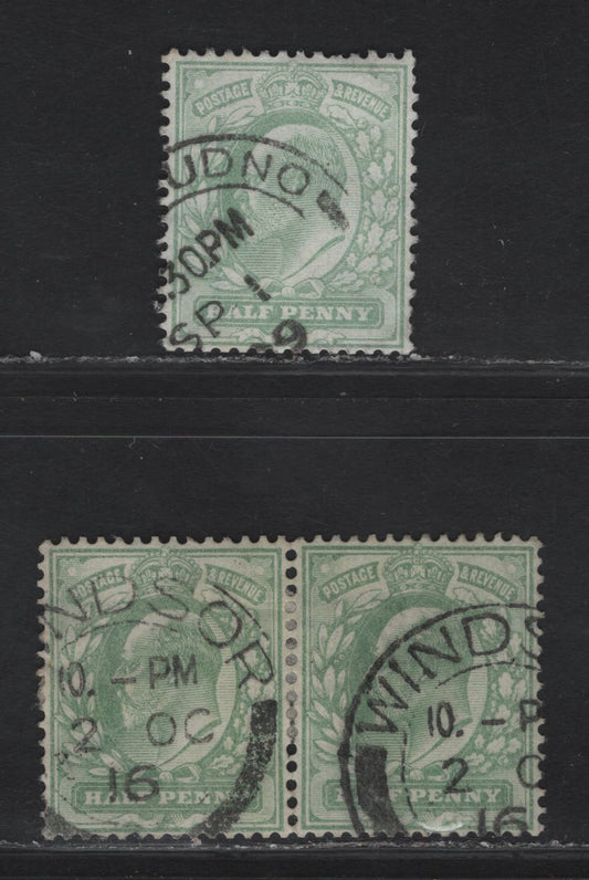 Lot 26 Great Britain SC#143var (SG#217wi, 218wi) 1/2d Pale Yellowish Green King Edward VII, 1902-1910 King Edward VII Issue,  Very Fine Used Singles, Inverted Watermarks, Postal Sheet Margin Postage Wmk, October 1917 Windsor Cancel.