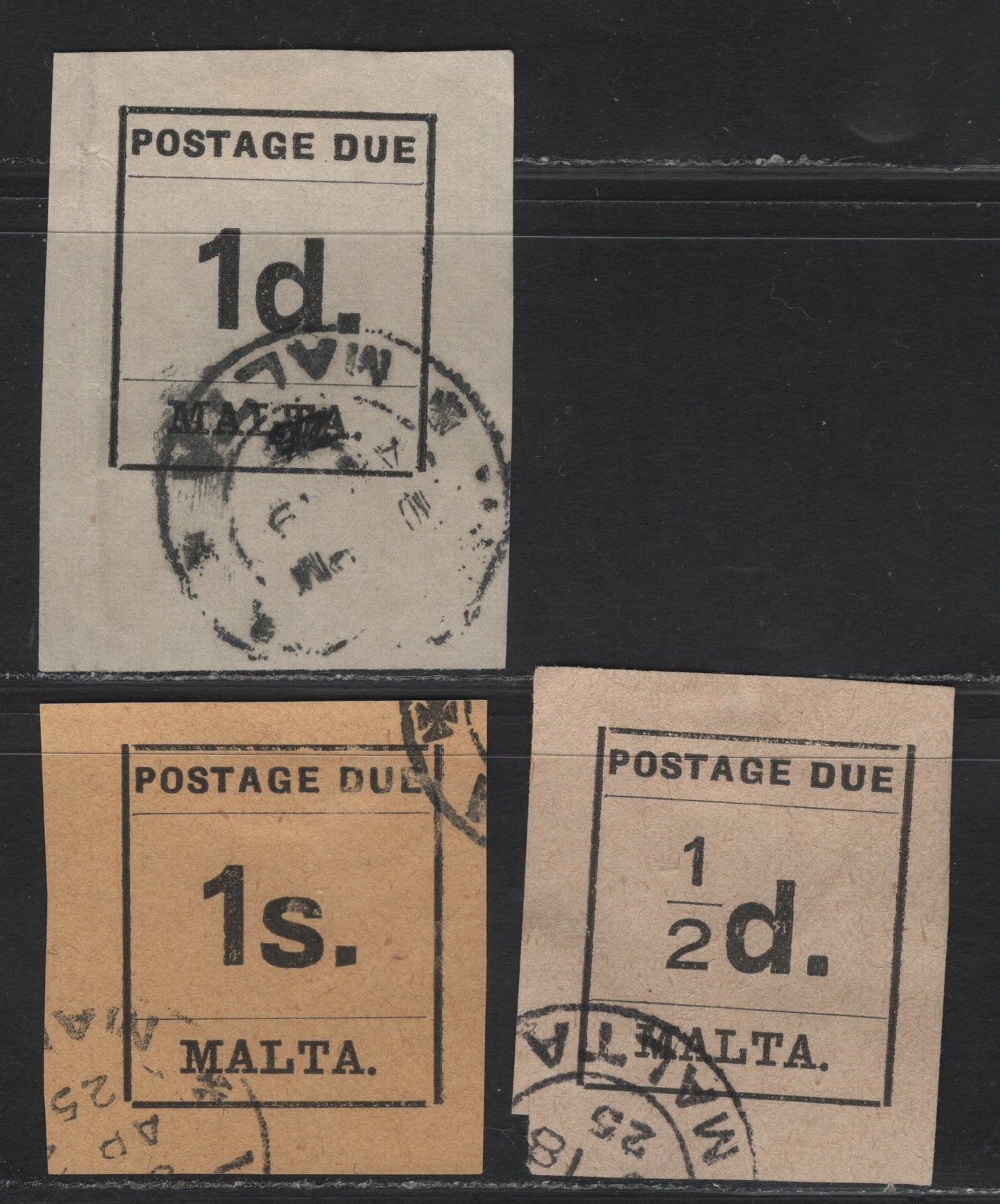 Lot 267 (C) Malta SG#D1, D2, D9 1/2d -1.- Black on Buff - Black on Yellow Numeral, 1925 Postage Dues, 3 Very Fine Used Singles