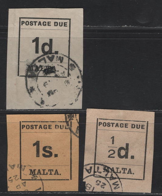 Lot 267 (C) Malta SG#D1, D2, D9 1/2d -1.- Black on Buff - Black on Yellow Numeral, 1925 Postage Dues, 3 Very Fine Used Singles