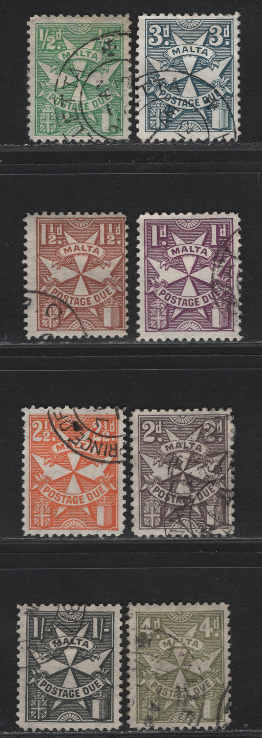 Lot 268 (C) Malta SG#D11-D15, D17, D19, D25 1/2d - 1/- Green -Black Emblem, 1925-1953 Postage Dues, 8 Fine/Very Fine Used Singles, Script CA Sideways Wmk, 3d Is Chalky Paper