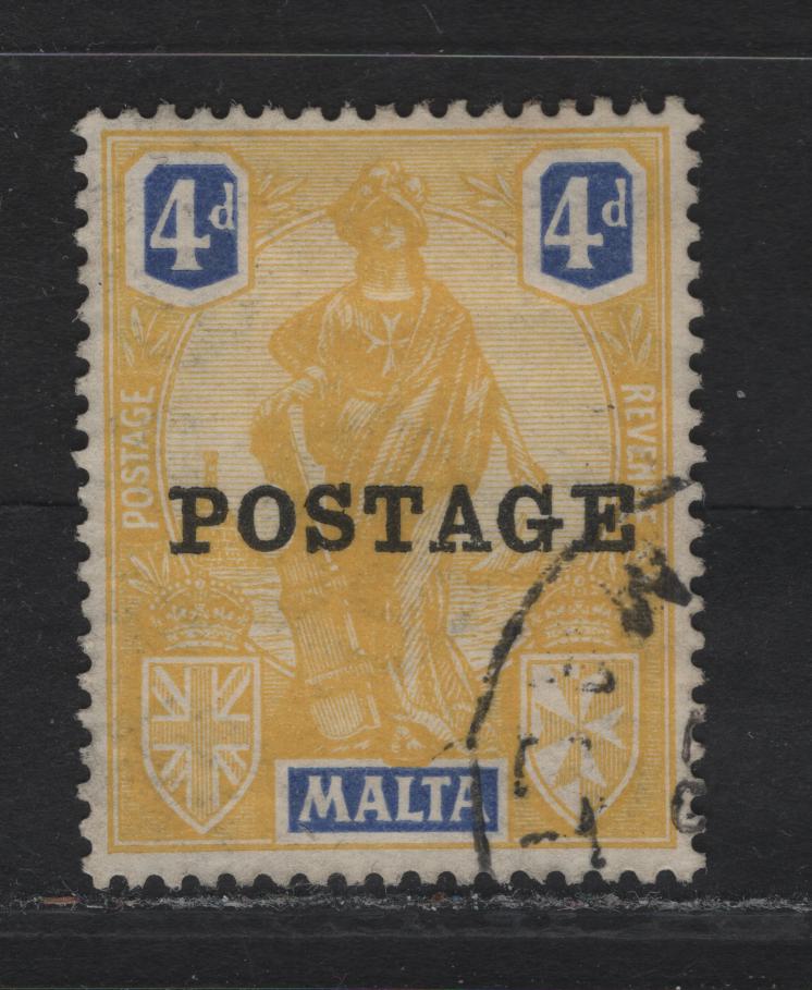Lot 270 (C) Malta SG#150 4d Yellow & Bright Blue Statue, 1926 Postage Overprints, A Very Fine Used Single