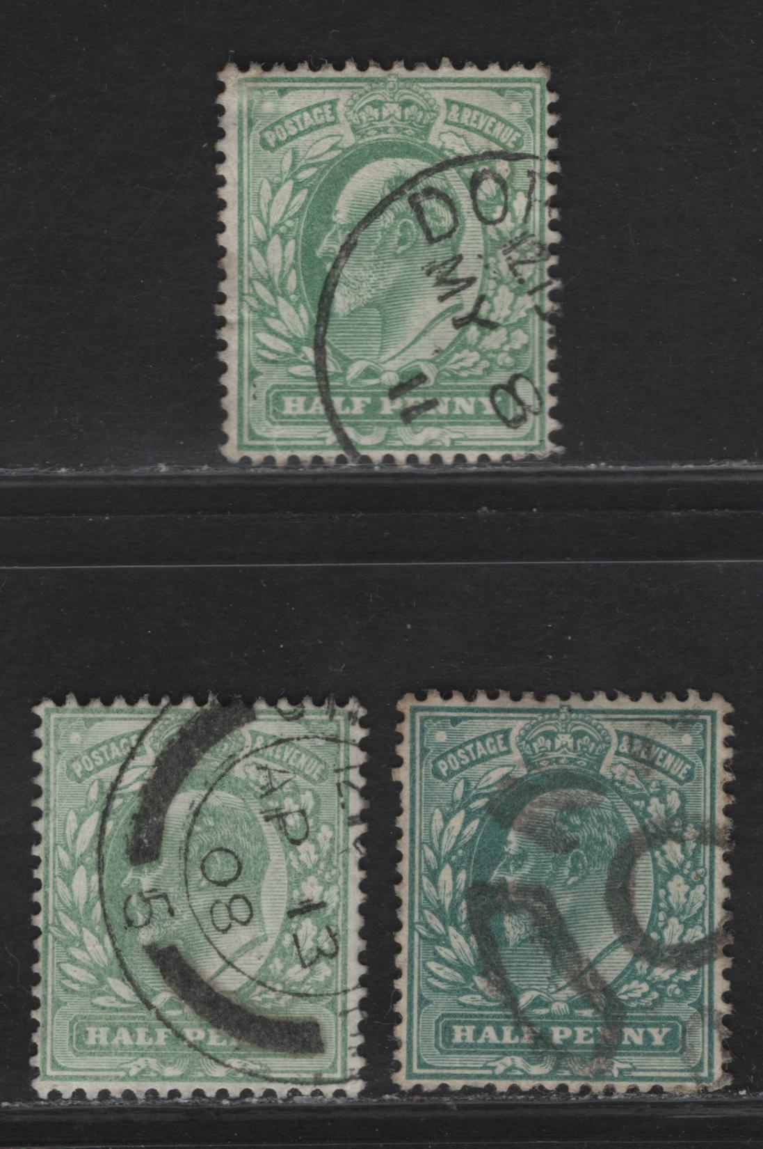 Great Britain SC#127a, 143a (SG#216, 218var) 1/2d Blue Green - Bright Yellowish Green King Edward VII, 1902-1910 King Edward VII Issue, 3 Fine/Very Fine Used Singles, Watermark Portion Of Sheet Margin 'Postage' Wmk Plus The Imperial crown.