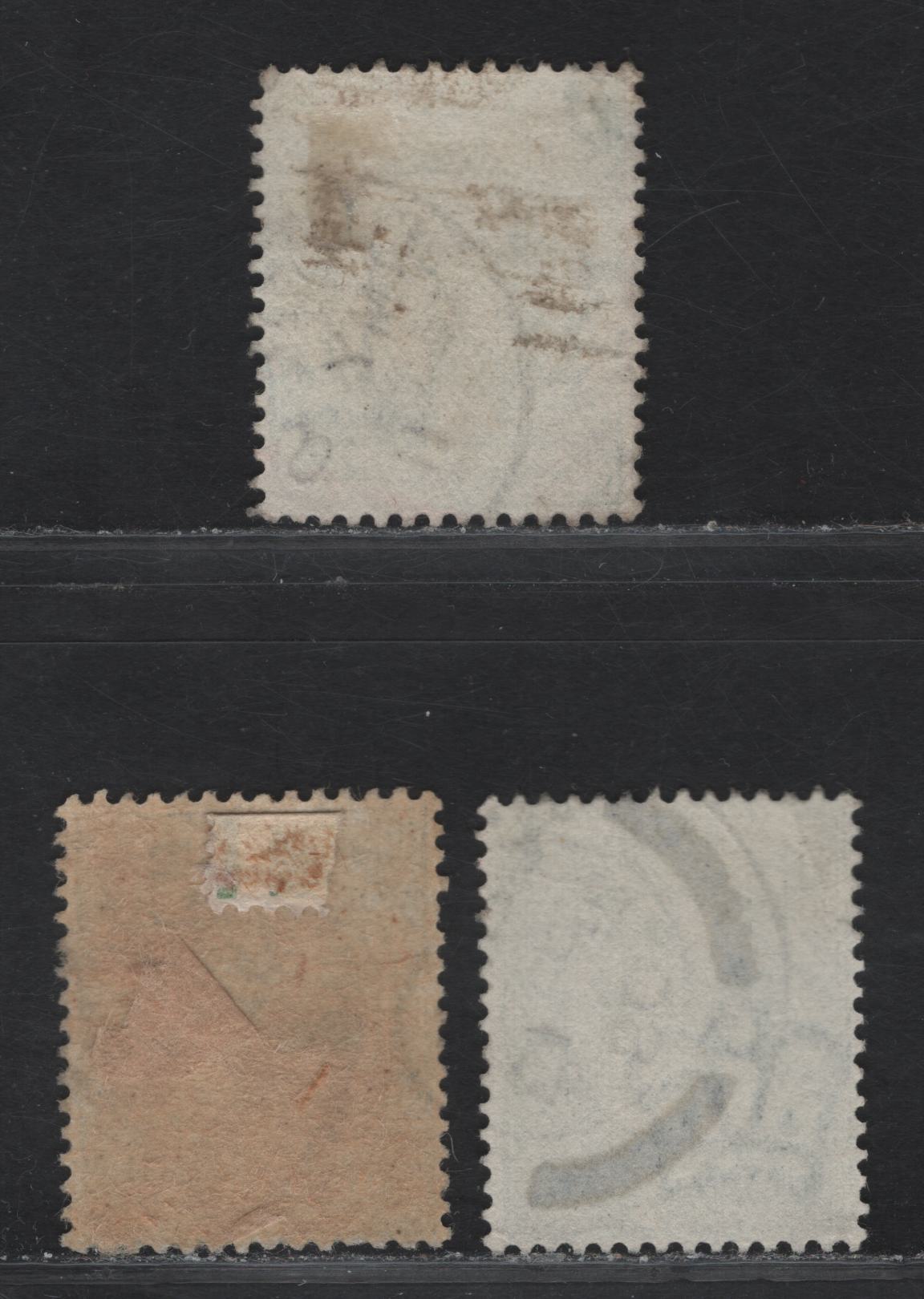 Great Britain SC#127a, 143a (SG#216, 218var) 1/2d Blue Green - Bright Yellowish Green King Edward VII, 1902-1910 King Edward VII Issue, 3 Fine/Very Fine Used Singles, Watermark Portion Of Sheet Margin 'Postage' Wmk Plus The Imperial crown.