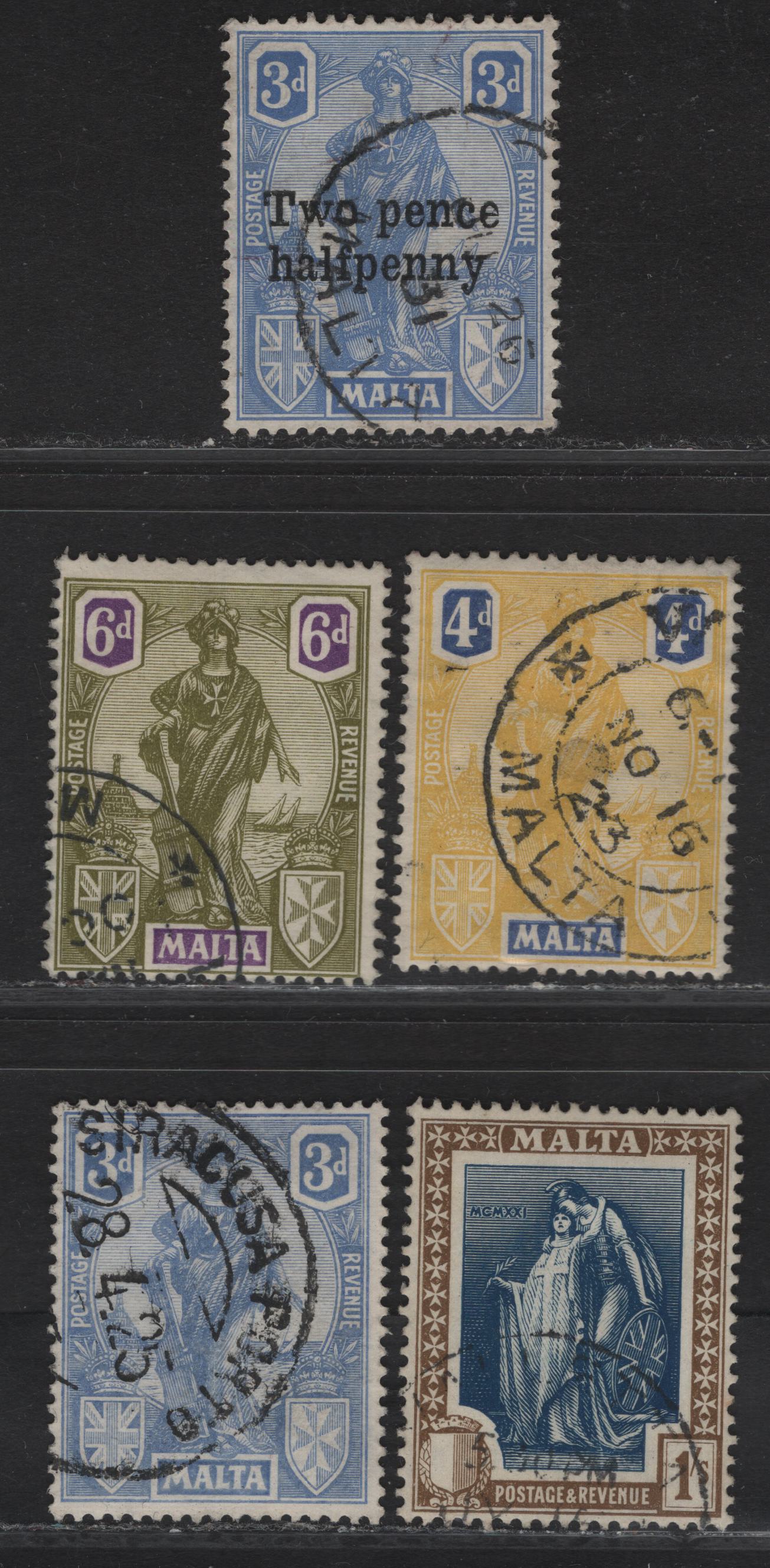 Lot 271 (C) Malta SG#130, 132-134, 142 3d - 1/- Cobalt - Indigo & Sepia Figurine, 1922-1926 Figurine Keyplate Issue, 5 Fine/Very Fine Used Singles, Script CA Wmk