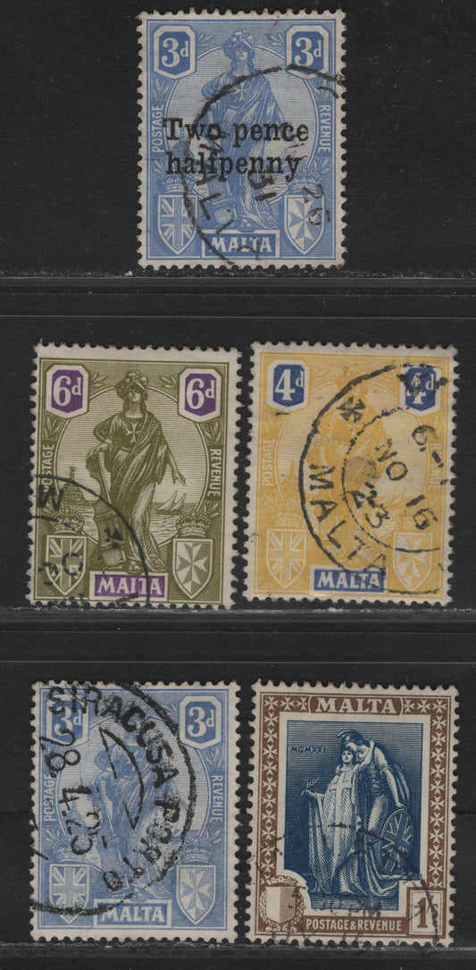 Lot 271 (C) Malta SG#130, 132-134, 142 3d - 1/- Cobalt - Indigo & Sepia Figurine, 1922-1926 Figurine Keyplate Issue, 5 Fine/Very Fine Used Singles, Script CA Wmk