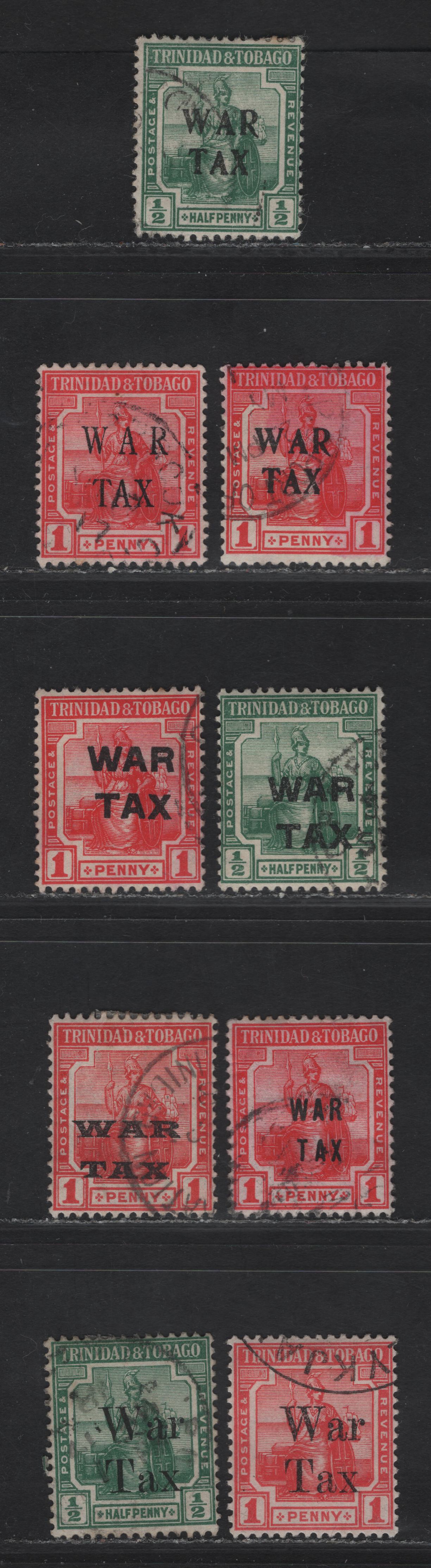 Lot 272 (C) Trinidad & Tobago SG#177-178, 180, 181a, 182, 185-188 1/2d - 1d Green - Red Britannia, 1917-1918 War Tax Overprints, 9 Fine/Very Fine Used Singles, Wmk Crown To Right Of A