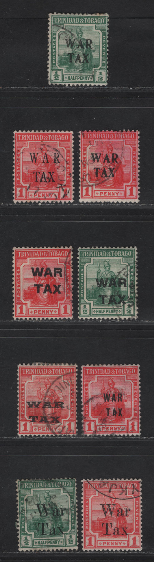 Lot 272 (C) Trinidad & Tobago SG#177-178, 180, 181a, 182, 185-188 1/2d - 1d Green - Red Britannia, 1917-1918 War Tax Overprints, 9 Fine/Very Fine Used Singles, Wmk Crown To Right Of A