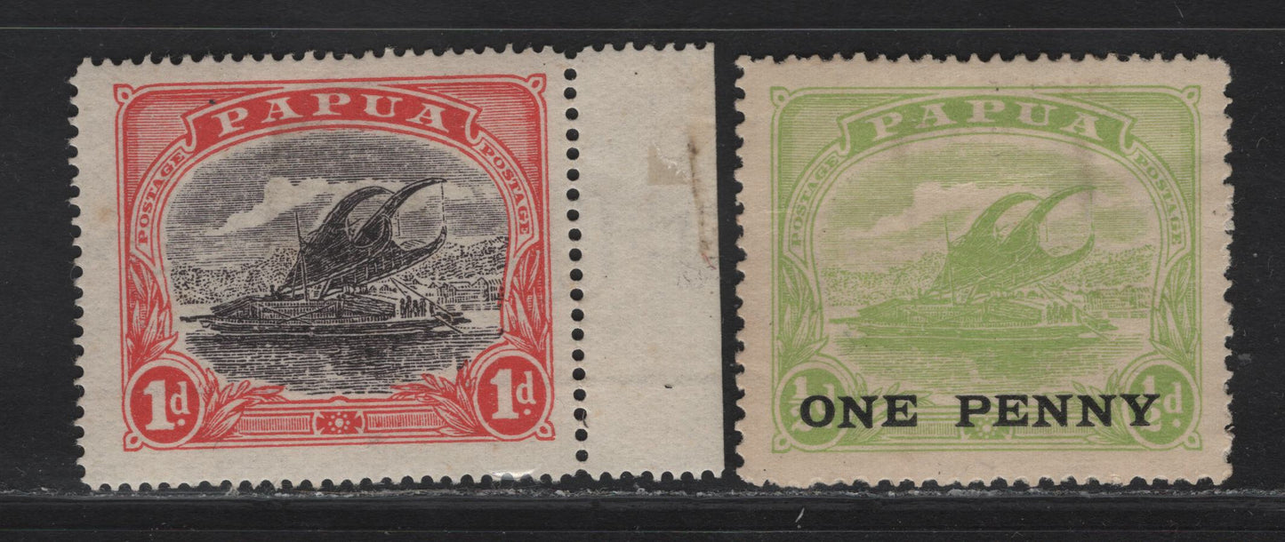 Lot 273 (C) Papua SG#94c, 106w 1d - 1d on 1/2d Intense Black & Red - Yellow Green Lakatoi, 1916-1931 Lakatoi Definitives, 2 VFOG Singles