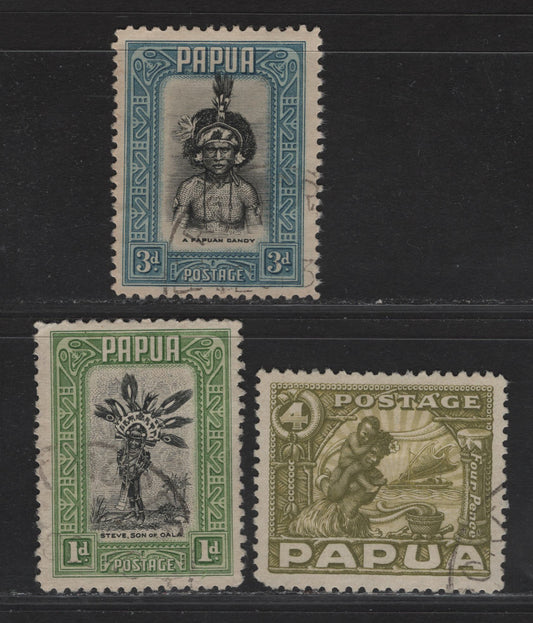Lot 274 (C) Papua SG#131, 134-135 1d - 4d Black & Green - Olive Green A Chieftans Son - Native Mother & Child, 1932 Pictorial Issues, 3 Very Fine Used Singles