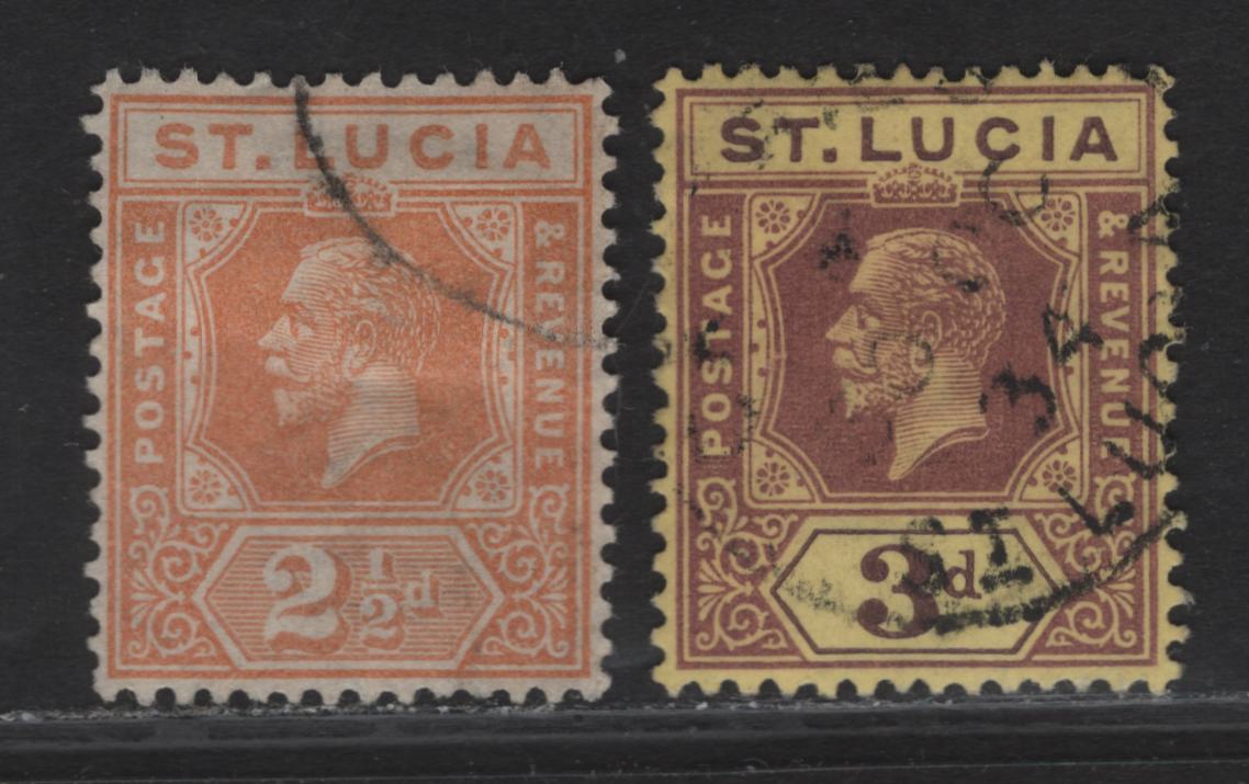Lot 275 (C) St Lucia SG#97, 100 2.5d - 3d Orange - Purple on Pale Yellow King George VI, 1921-1930 Imperium Keyplates Issue, 2 Very Fine Used Singles, Script Ca Wmk, Cancel on 2.5d Is Questionable, So We Valued As if it Were Mint OG