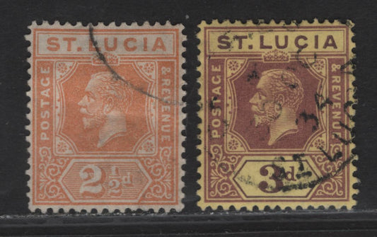 Lot 275 (C) St Lucia SG#97, 100 2.5d - 3d Orange - Purple on Pale Yellow King George VI, 1921-1930 Imperium Keyplates Issue, 2 Very Fine Used Singles, Script Ca Wmk, Cancel on 2.5d Is Questionable, So We Valued As if it Were Mint OG