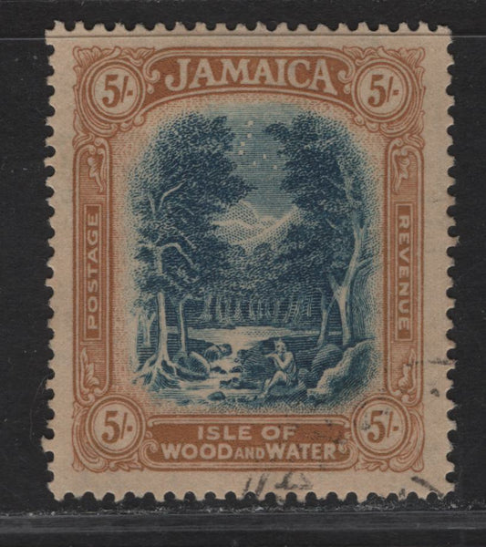 Lot 276 (C) Jamaica SG#105c 5/- Blue & Pale Bistre Brown Nature Scene, 1921-1929 Pictorial Issue, A Very Fine Used Single, Script Ca Wmk