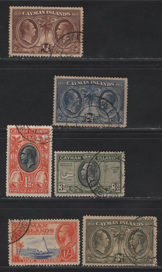Lot 277 (C) Cayman Islands SG#84, 89-90, 99, 102, 104 1/4d - 1/- Brown - Ultramarine King George IV & V - Conch Shells, 1932-1935 Centenary - Pictorial Issues, 6 Fine/Very Fine Used Singles