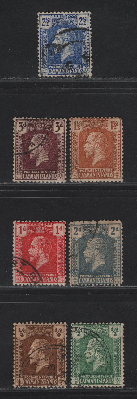 Lot 278 (C) Cayman Islands SG#69-75 1/4d - 3d Yellow Brown - Purple on Yellow , 1921-1926 Engraved KGV Profile Heads Issue, 7 Fine/Very Fine Used Singles, Script CA Wmk