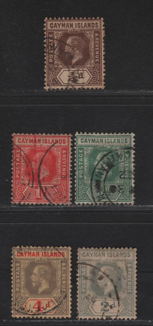 Lot 279 (C) Cayman Islands SG#40-43, 46 1/4d - 4d Brown -Black & Red on Yellow , 1912-1920 KGV Imperium Keyplate, 5 Fine Used Singles, Multiple Crown CA Wmk
