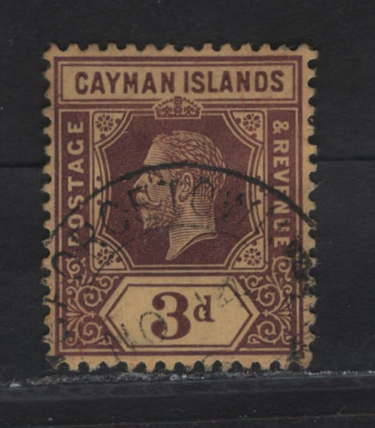 Lot 280 (C) Cayman Islands SG#45 3d Purple on Deep Yellow , 1912-1920 KGV Imperium Keyplate, A Very Fine Used Single, Multiple Crown CA Wmk