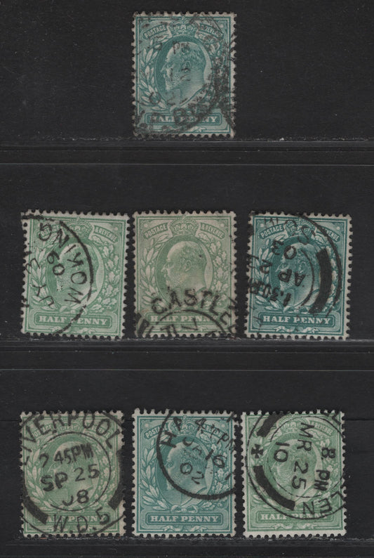 Lot 28 Great Britain SC#127a, 143 (SG#216, 218) 1/2d Blue Green - Yellowish Green King Edward VII, 1902-1910 King Edward VII Issue,  Fine/Very Fine Used Singles, Watermark Showing Border Lines.