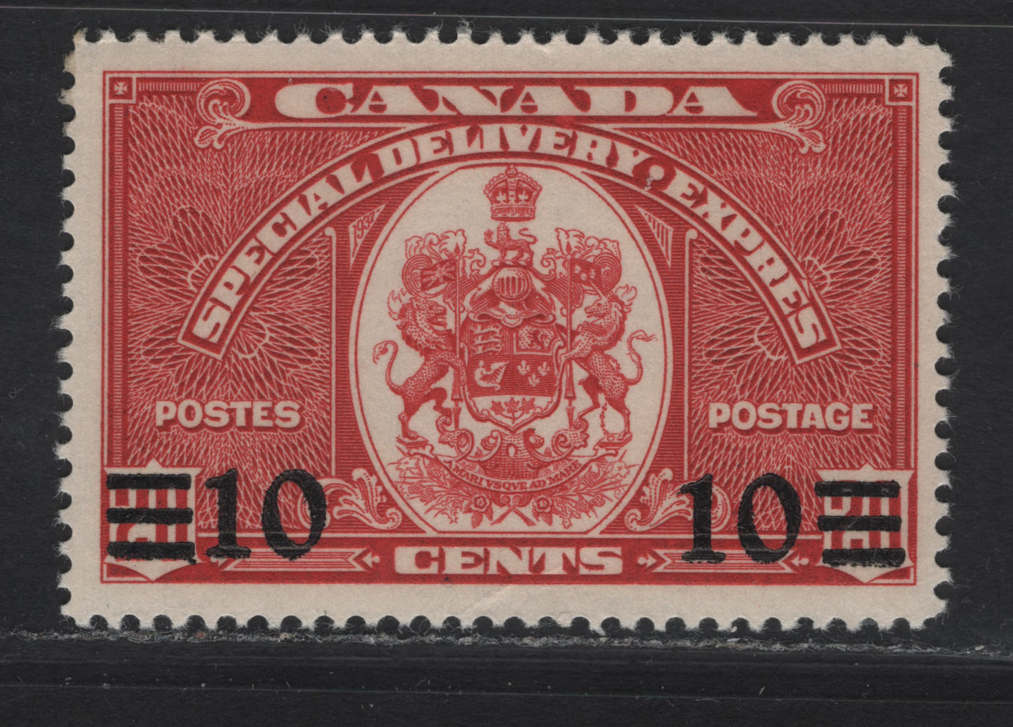 Lot 283 (C) Canada #E9 10c on 20c Dark Carmine Emblem, 1939 Special Delivery Issue, A VFOG Single, Paper/Gum CBN-LL, Perf 11.9