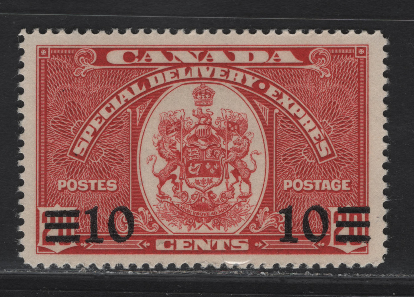 Lot 284 Canada #E9 10c on 20c Dark Carmine Emblem, 1939 Special Delivery Issue, A VFOG Single, Paper/Gum CBN-FF, Perf 11.9x12