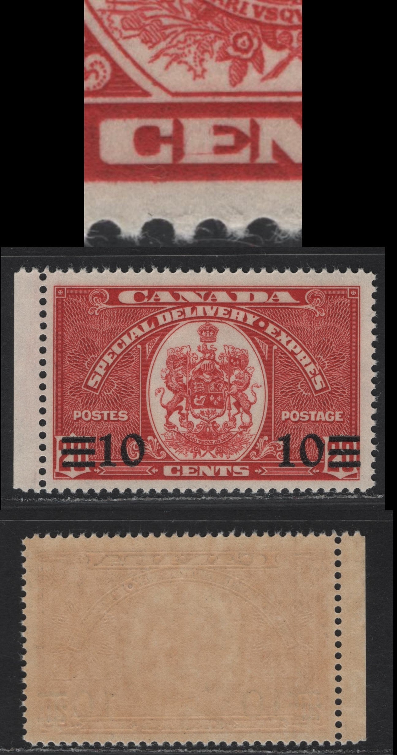 Lot 286 Canada #E9var 10c on 20c Dark Carmine Emblem, 1939 Special Delivery Issue, A FNH Single, Paper/Gum CBN-NN, Perf 11.95, Showing Hairline Inside E of Cents.