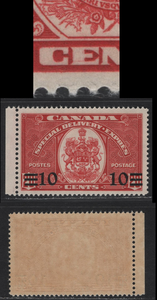 Lot 286 Canada #E9var 10c on 20c Dark Carmine Emblem, 1939 Special Delivery Issue, A FNH Single, Paper/Gum CBN-NN, Perf 11.95, Showing Hairline Inside E of Cents.
