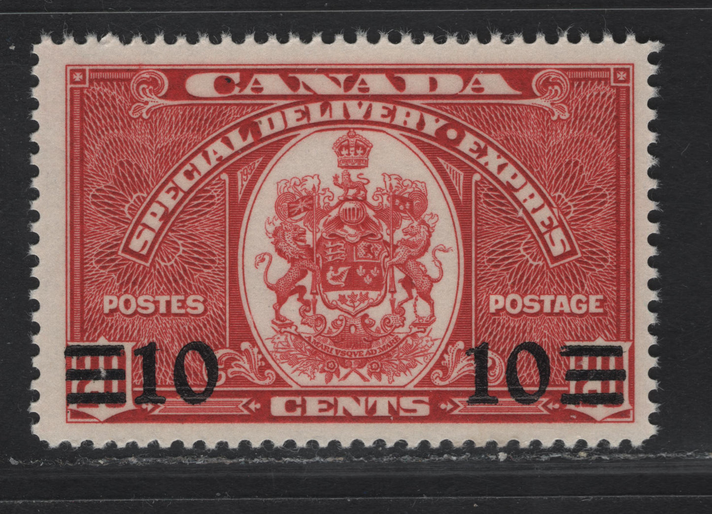 Lot 289 Canada #E9 10c on 20c Dark Carmine Emblem, 1939 Special Delivery Issue, A FNH Single, Paper/Gum CBN-OO, Perf 11.9
