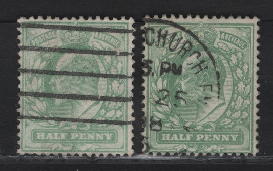 Great Britain SC#143var (SG#217var) 1/2d Pale Yellowish Green King Edward VII, 1902-1910 King Edward VII Issue, 2 Fine Used Singles, Split Watermark.