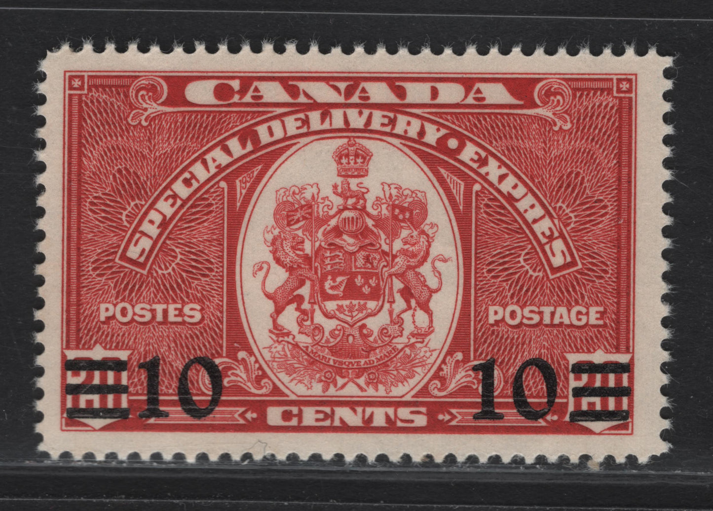 Lot 291 Canada #E9 10c on 20c Dark Carmine Emblem, 1939 Special Delivery Issue, A VFOG Single, Paper/Gum CBN-OO, Perf 11.9