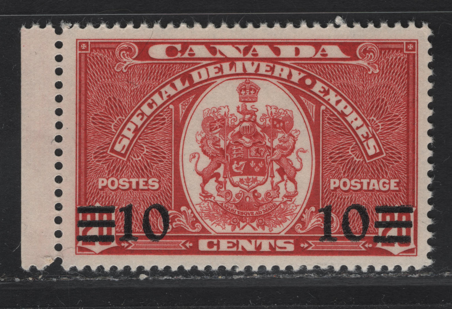 Lot 292 Canada #E9 10c on 20c Dark Carmine Emblem, 1939 Special Delivery Issue, A VFOG Single, Paper/Gum CBN-OO, Perf 12x11.9