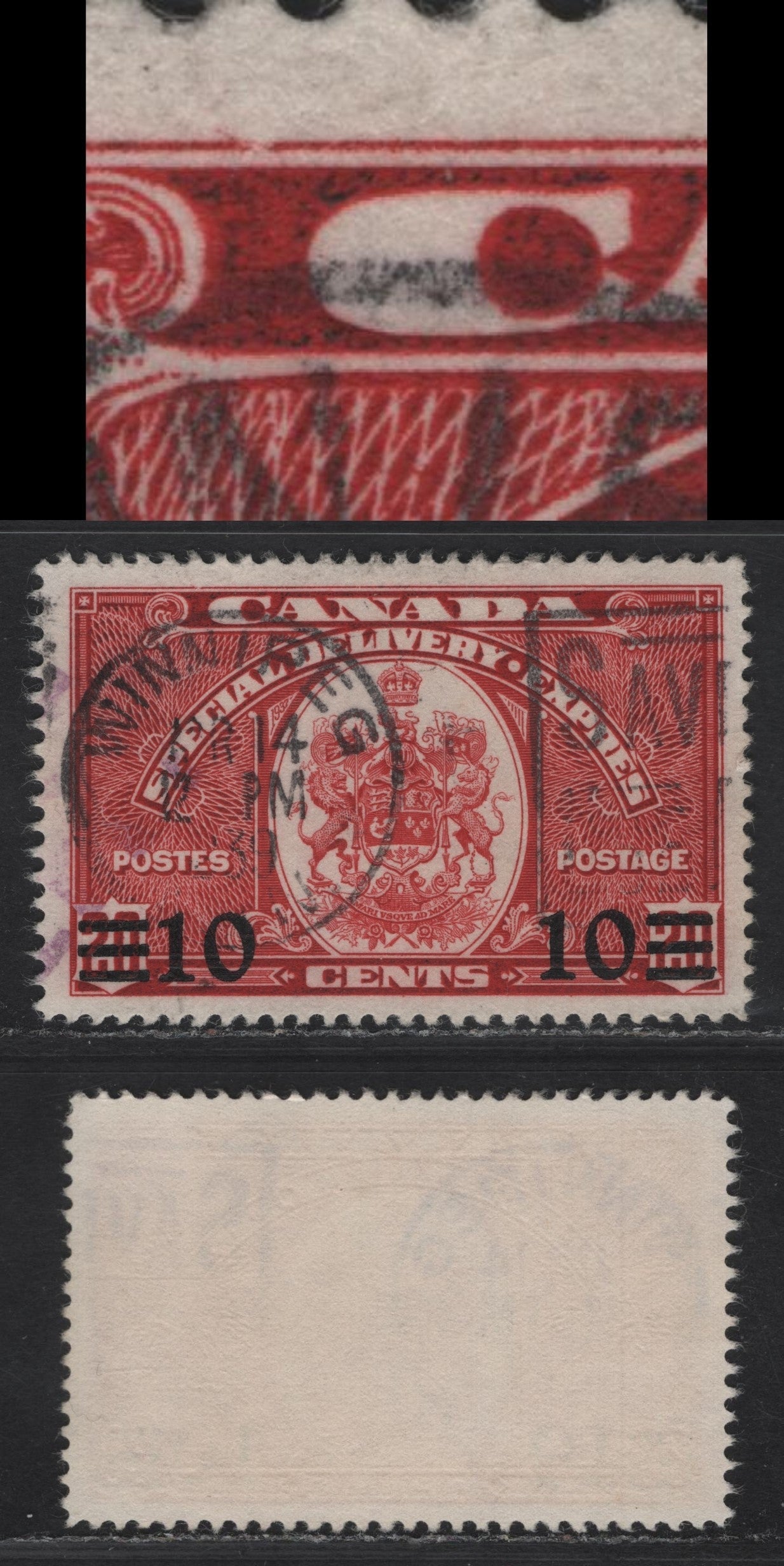 Lot 293 Canada #E9 10c on 20c Dark Carmine Emblem, 1939 Special Delivery Issue, A Very Fine Used Single, Paper/Gum CBN-LL, Perf 11.9x12, Showing Frame Break At Top Just To left Of 'C' Of Canada.