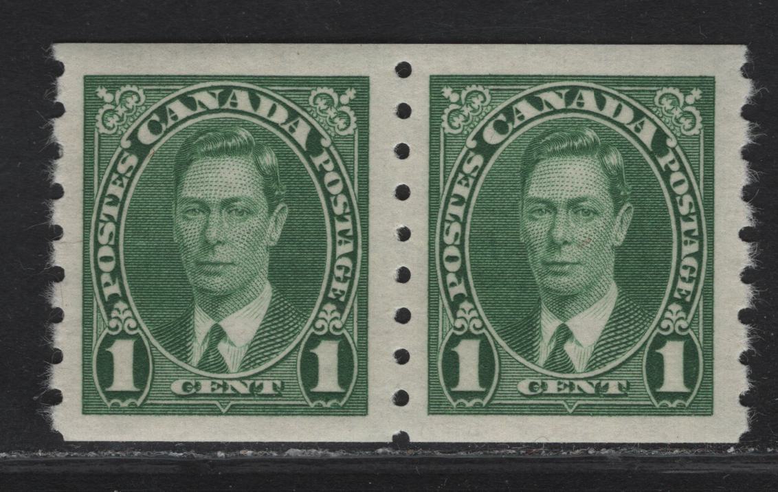 Lot 294 Canada #238 1c Green King George VI, 1937 KGVI Coil Issue, A VFOG/NH Coil Pair, Paper/Gum CBN-QQ, Rotary Bar Perf 8, 1 Stamp Hinged, One NH But With Light Finger Print.