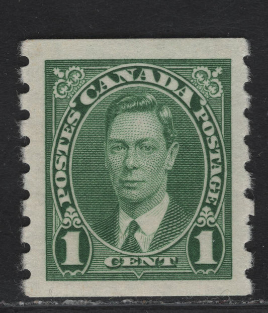 Lot 295 Canada #238 1c Green King George VI, 1937 KGVI Coil Issue, A VFNH Coil Single, Paper/Gum CBN-QQ, Rotary Bar Perf 8