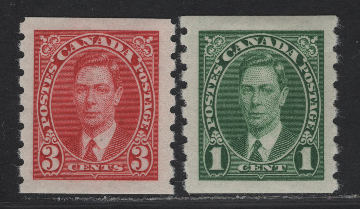 Lot 296 Canada #238, 240 1c - 3 Green - Carmine King George VI, 1937 KGVI Coil Issue, 2 VFOG Coil Singles, Paper/Gum CBN-QQ, Rotary Wheel Perforated 8 Coil Singles