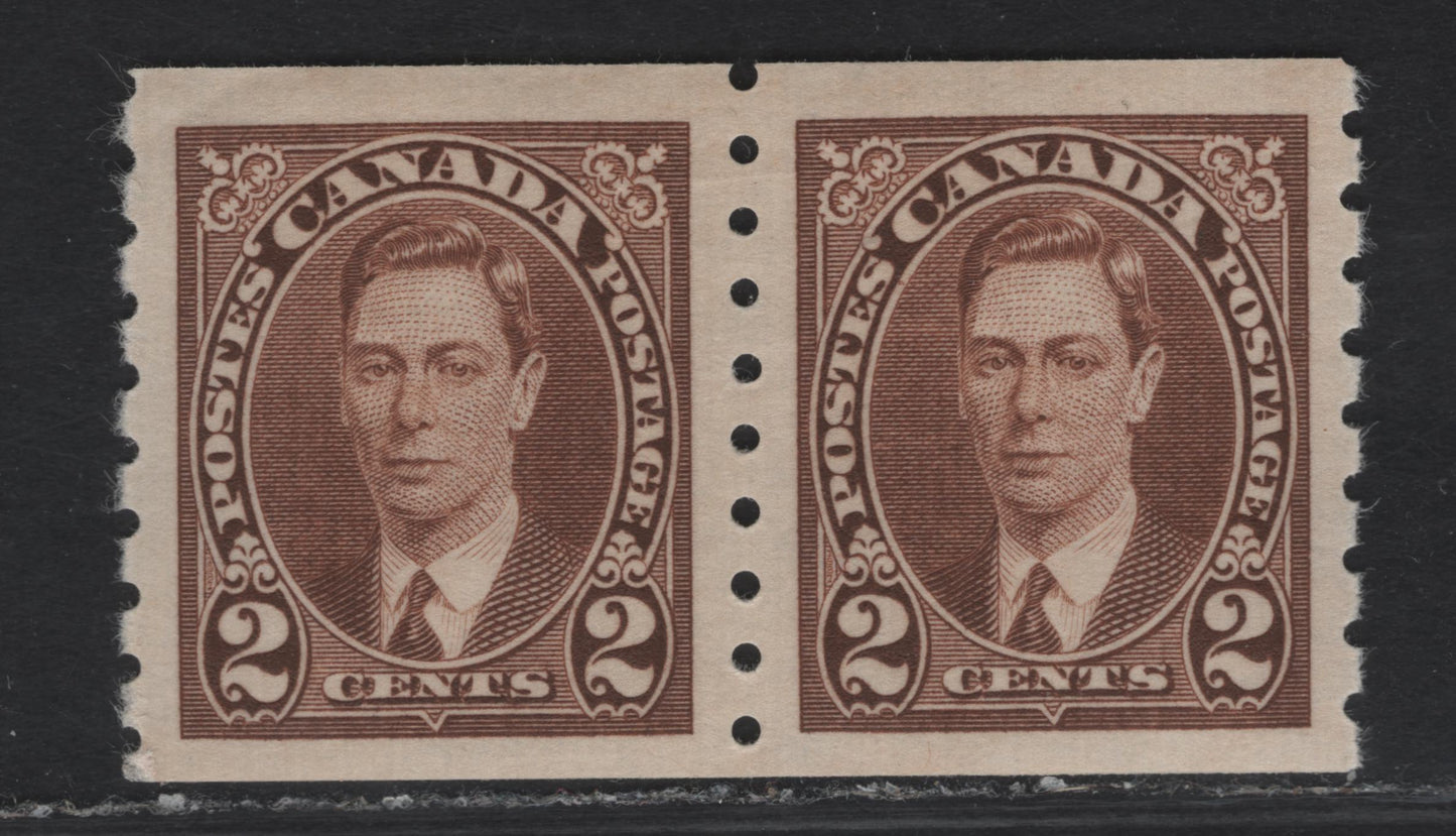 Lot 297 Canada #239 2c Brown King George VI, 1937 KGVI Coil Issue, A VFOG Coil Pair, Paper/Gum CBN-QQ, Rotary Wheel Perforated Pair, Very Light Diagonal Corner Bend At UL.