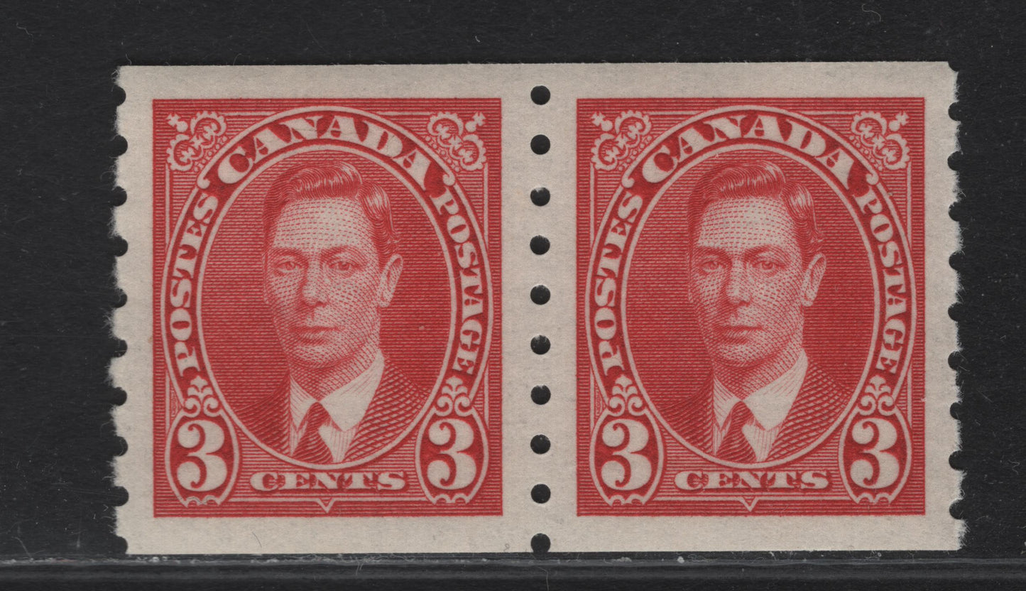 Lot 299 (C) Canada #240 3c Carmine King George VI, 1937 KGVI Coil Issue, A VFNH Coil Single, Paper/Gum CBN-QQ, Rotary Wheel Perforation 8 Vertical