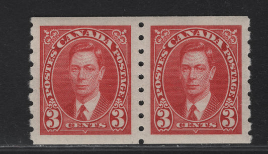 Lot 299 (C) Canada #240 3c Carmine King George VI, 1937 KGVI Coil Issue, A VFNH Coil Single, Paper/Gum CBN-QQ, Rotary Wheel Perforation 8 Vertical