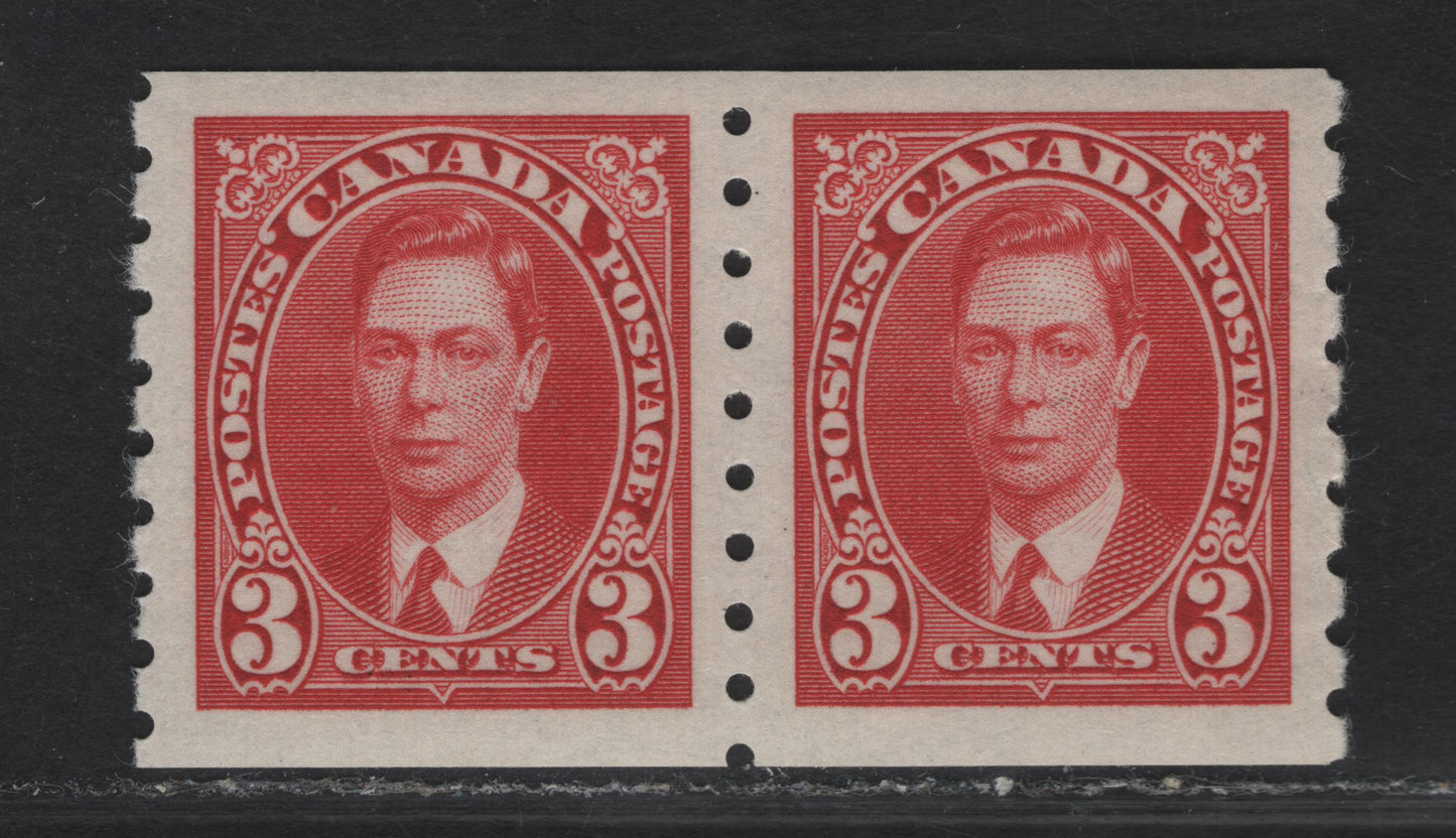 Lot 300 (C) Canada #240 3c Carmine King George VI, 1937 KGVI Coil Issue, A VFNH Coil Single, Paper/Gum CBN-QQ, Rotary Wheel Perforation 8 Vertical