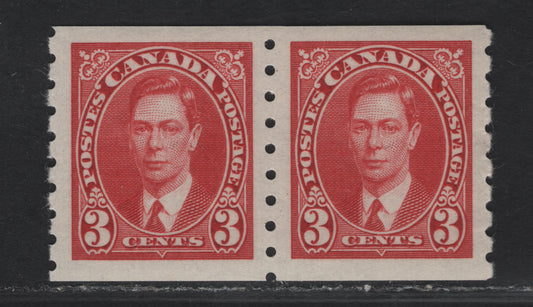 Lot 300 (C) Canada #240 3c Carmine King George VI, 1937 KGVI Coil Issue, A VFNH Coil Single, Paper/Gum CBN-QQ, Rotary Wheel Perforation 8 Vertical
