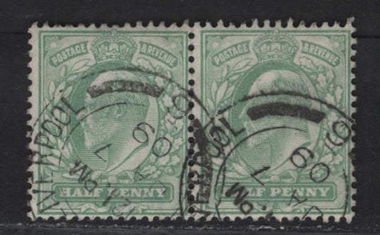Lot 30 Great Britain SC#143avar (SG#217var) 1/2d Pale Yellowish Green King Edward VII, 1902-1910 King Edward VII Issue, A Fine Used Pairs, Bottom Of The Sheet With Watermark Shifted To The Top.