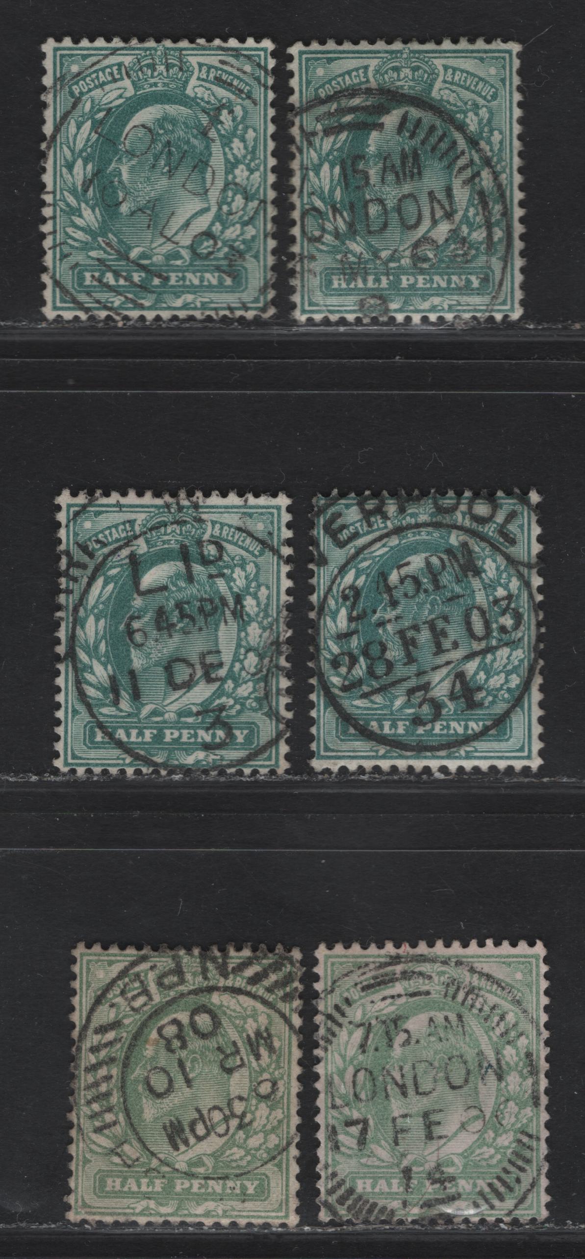 Lot 3 Great Britain SC#127a, 143a  (SG#216, 218) 1/2d Blue Green - Dull Yellowish Green King Edward VII, 1902-1910 King Edward VII Issue, 5 Fine/Very Fine Used Singles, Unusual Liverpool & London CDS Cancels Plus Circular Grid Newspaper Branch Cancel.