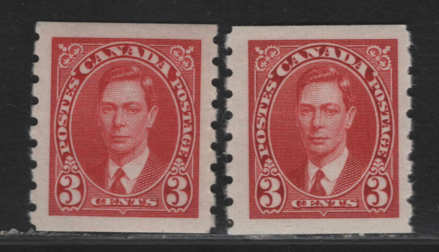 Lot 301 (C) Canada #240 3c Bright & Dark Carmine King George VI, 1937 KGVI Coil Issue, 2 VFOG Coil Singles, Paper/Gum CBN-QQ, Rotary Bar Perforation 8 Vertical