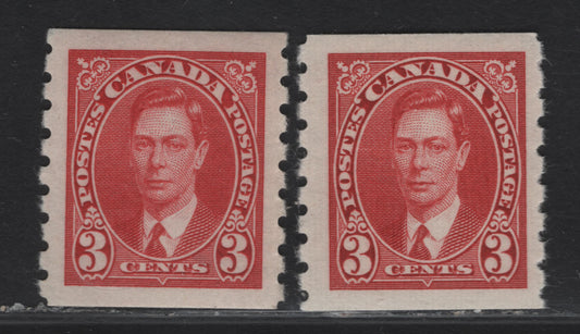 Lot 301 (C) Canada #240 3c Bright & Dark Carmine King George VI, 1937 KGVI Coil Issue, 2 VFOG Coil Singles, Paper/Gum CBN-QQ, Rotary Bar Perforation 8 Vertical
