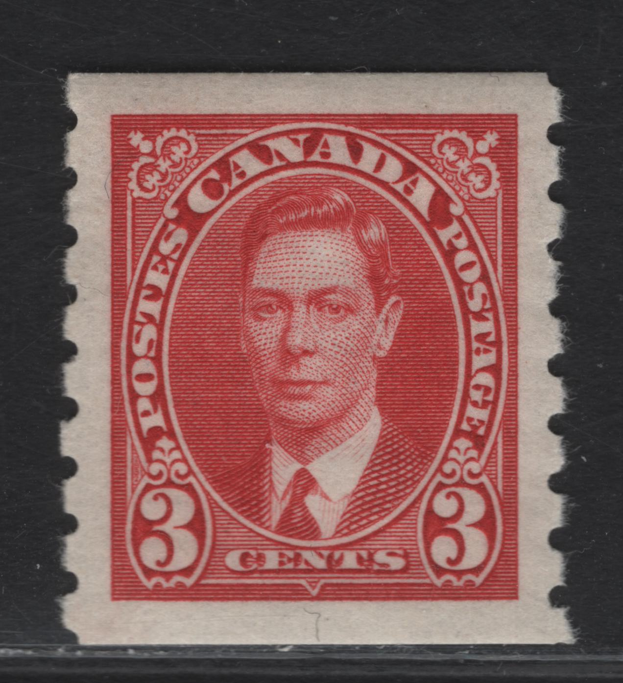 Lot 302 Canada #240 3c Carmine King George VI, 1937 KGVI Coil Issue, A VFOG Coil Single, Paper/Gum CBN-QQ, Rotary Wheel Perforated Single