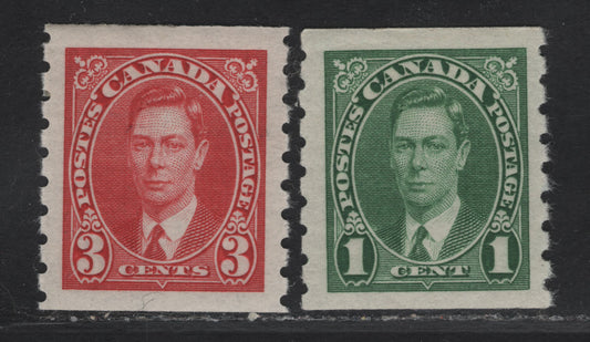 Lot 303 Canada #238, 240 1c - 3c Green - Deep Carmine King George VI, 1937 KGVI Coil Issue, 2 VFOG Coil Singles, Paper/Gum CBN-RR, Rotary Bar Peforation