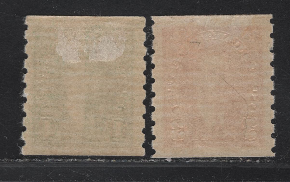 Lot 303 Canada #238, 240 1c - 3c Green - Deep Carmine King George VI, 1937 KGVI Coil Issue, 2 VFOG Coil Singles, Paper/Gum CBN-RR, Rotary Bar Peforation