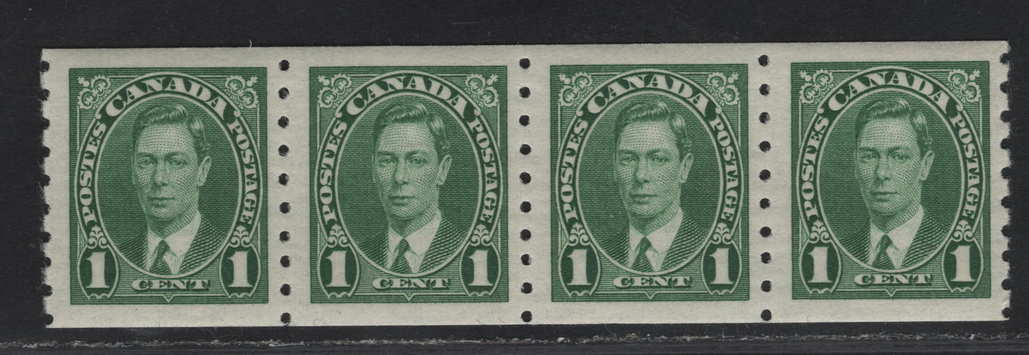 Lot 304 (C) Canada #238 1c Green King George VI, 1937 KGVI Coil Issue, A VFNH Coil Strip Of 4, Paper/Gum CBN-SS, Rotary Bar Peforation