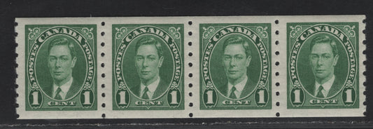 Lot 304 (C) Canada #238 1c Green King George VI, 1937 KGVI Coil Issue, A VFNH Coil Strip Of 4, Paper/Gum CBN-SS, Rotary Bar Peforation