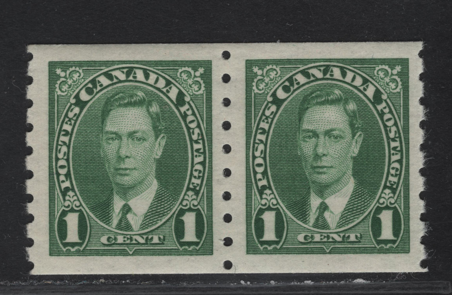 Lot 305 (C) Canada #238 1c Green King George VI, 1937 KGVI Coil Issue, A VFNH Coil Single, Paper/Gum CBN-SS, Rotary Bar Peforation