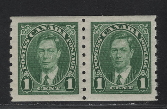 Lot 305 (C) Canada #238 1c Green King George VI, 1937 KGVI Coil Issue, A VFNH Coil Single, Paper/Gum CBN-SS, Rotary Bar Peforation
